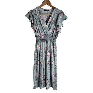 Anna Morgan Sage Floral Smocked Waist Flutter Sleeve Midi Dress M Fairycore